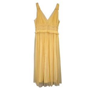 Zara Pastel Butter Yellow V-Neck Tulle Midi Dress Ruffle Ethereal Balletcore